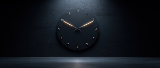Modern minimalist wall clock design with dramatic lighting against a dark background