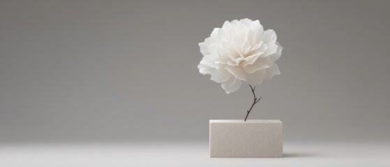 Elegant White Flower Displayed on Minimalistic Stand Against Soft Gray Background