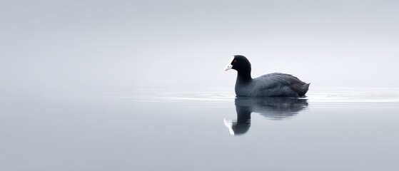 Serene Bird Gliding on Calm Water in Misty Landscape at Dawn