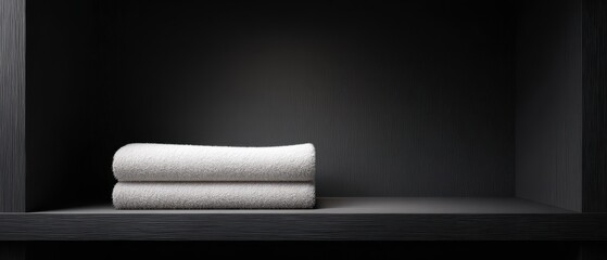 Neatly Folded White Towels on a Sleek Dark Shelf with Soft Lighting