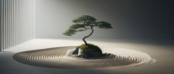 Serene Bonsai Tree on Rock Surrounded by Raked Sand in Modern Minimalist Interior