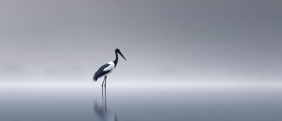 Obraz premium Elegant solitary crane standing gracefully in misty waters during soft morning light