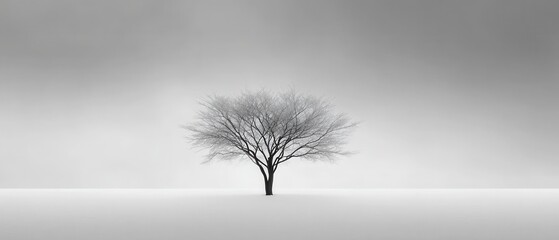 Solitary Bare Tree in Snowy Landscape Against Minimalist Gray Background