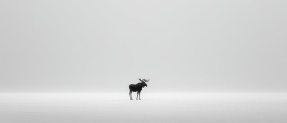 Majestic Moose Standing Alone in a Serene Snowy Landscape Under a Foggy Sky