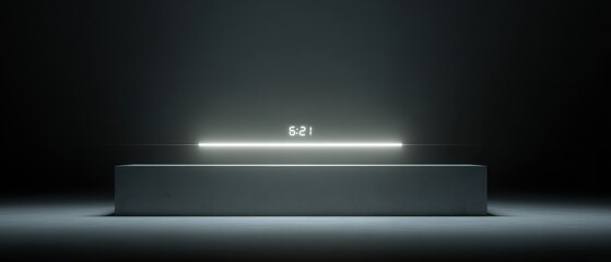 Minimalist display with glowing light bar and concrete pedestal in dark studio setting