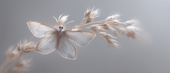 Delicate White Moth on Grassy Stem Against Soft Gray Background in Natural Light