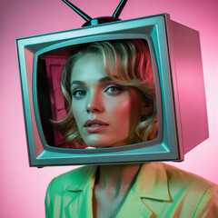 Captivating woman's face emerges from vintage television screen with vibrant lighting