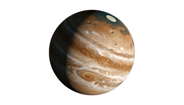Jupiter with swirling storms and moons in space