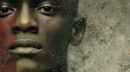 Abstract portrait of a Black man with African tribal patterns in red, green, and yellow, representing heritage, identity, and cultural pride for Black History Month celebration. Copy space