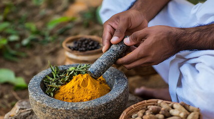Handcrafted herbal medicine in a serene outdoor setting. A person prepares a traditional remedy using a mortar and pestle, highlighting nature's healing touch and holistic wellness.