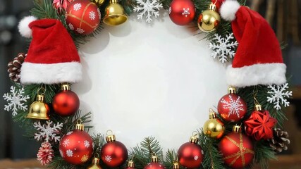 Festive Christmas wreath adorned with red Santa hats, shiny baubles, snowflakes, and pinecones, featuring a white central space. - Powered by Adobe