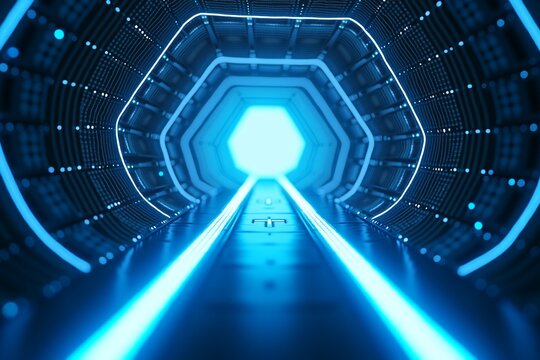 Blue neon arrows guide through digital tunnel, symbolizing forward progress and innovation in futuristic tech landscape.