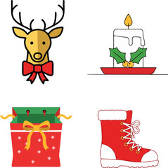 Christmas decoration flat design icon set: Reindeer, candle, gift, and boot.