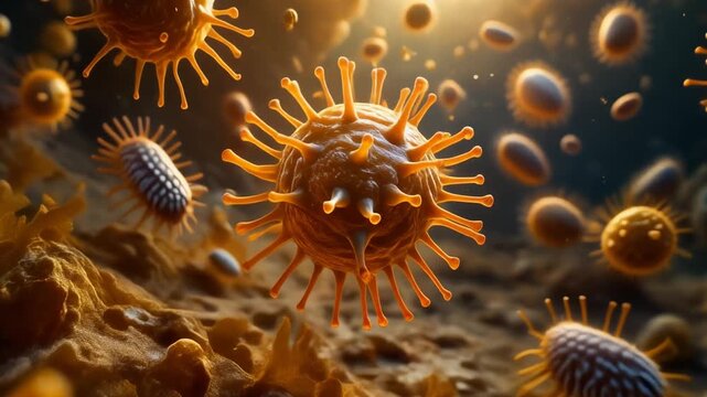 A detailed microscopic view of a pathogenic virus at the leading edge of a microbial colony, showing complex cellular interactions