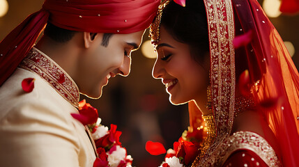 A radiant couple, adorned in traditional attire, their faces softly lit with love, share an intimate moment amidst the soft shower of rose petals, celebrating their union.