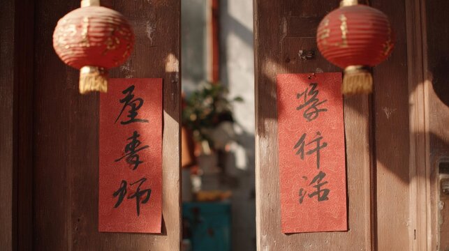 Two red chinese lanterns hanging on a wooden door. the lanterns are round and have a golden tassel hanging from the top. they are attached to the door with red paper strips.