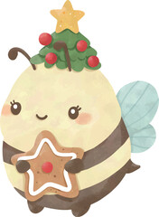 Bee with Christmas Tree Hat and Cookie | Cute Watercolor Holiday Illustration