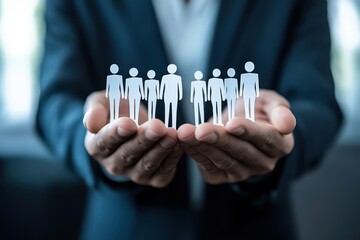 The Embrace of Unity: A person cradles a collection of miniature human figures within their palms, a symbol of care, responsibility, and the interconnectedness of individuals.