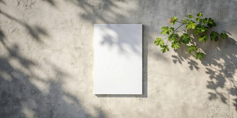 A blank canvas is displayed against a textured wall. Fresh green leaves are visible beside it, creating beautiful shadows in the warm, natural light of the setting