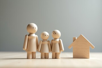 Wooden family figures stand beside a house, symbolizing home, unity, and simple living in minimalist style.