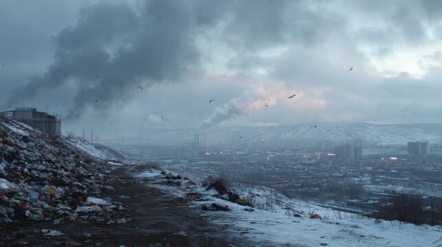 Pollution and Waste Dump on Urban Hilltop with Smog and Industrial Emissions in Cold Weather - Powered by Adobe