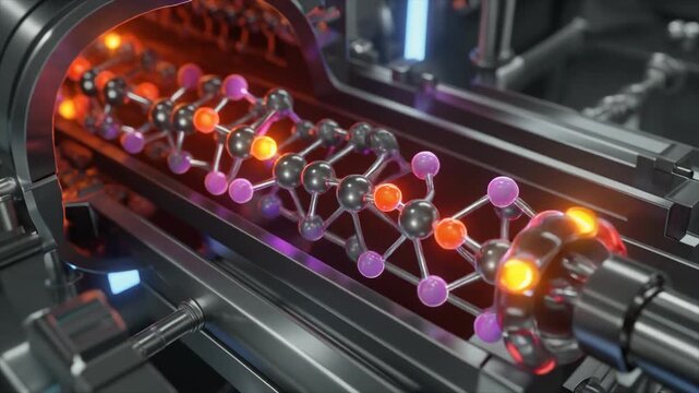 Electron Transport Chain: 3D animation of cellular respiration and ATP synthesis. A futuristic molecular machine assembly line processing electrons. Seamless loop science and technology concept.