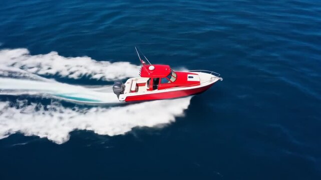 Red speedboat glides across vivid blue sea creating a wake of white foam
