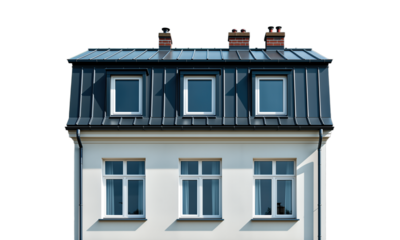 Modern two-story house with white walls and dark roof