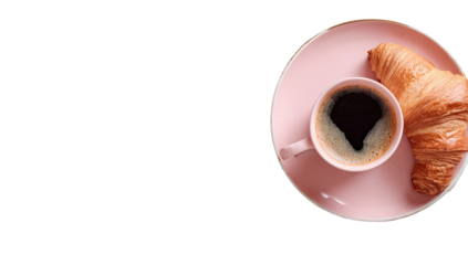 Pink plate holds coffee and croissant