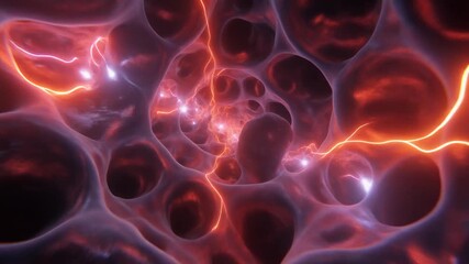 An intricate microscopic journey through a biological system, showcasing electrical energy flowing through a complex cellular matrix - Powered by Adobe