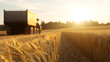 Fototapeta premium Golden wheat field at sunset with a tractor harvesting crops. The sun is setting behind the trees, casting a warm glow over the landscape. Agriculture and seasonal harvest.