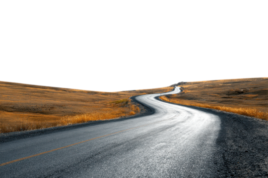 Winding Asphalt Road Through Golden Dry Grass Fields Under a Dark Sky curve highway, Isolated On White Background, Png Transparent