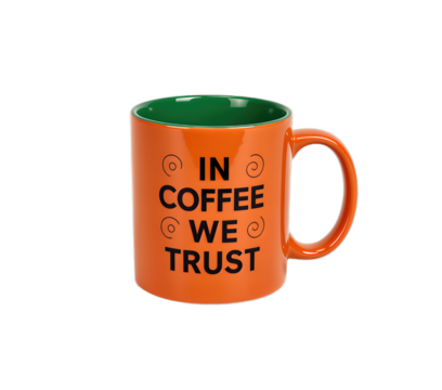 Orange coffee mug with green interior saying in coffee we trust