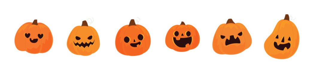 Six scary Halloween pumpkins with glowing eyes are melting on a light background. set halloween scary pumpkins, vector illustration.
