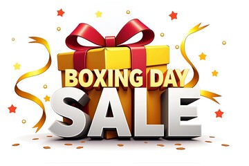 Boxing Day Sale: festive gift box with red ribbon, gold confetti and stars. Celebrate discounts on holiday shopping spree!