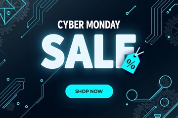 Cyber Monday sale: shop now. Digital circuit design, glowing text, shopping cart icon, 30% off offer on dark background.