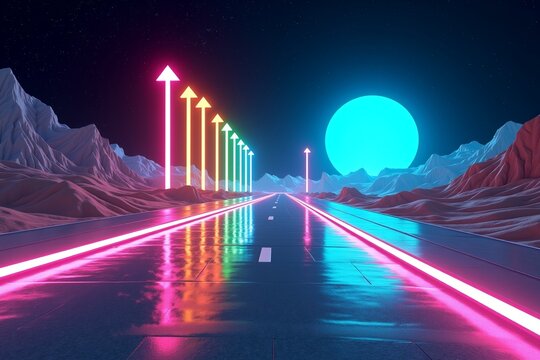 Neon-lit desert road under glowing moon, rainbow arrows guide way ahead in retro-futuristic night landscape. - Powered by Adobe