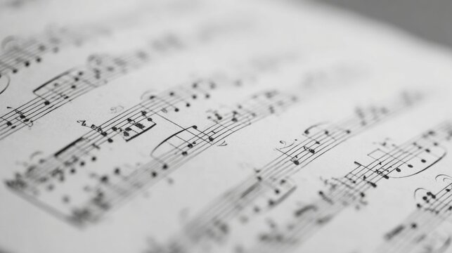 Close-up of a sheet of music. the sheet is white and has black musical notes written on it. the notes are arranged in a grid-like pattern, with each note having a small treble clef and a bass clef. - Powered by Adobe
