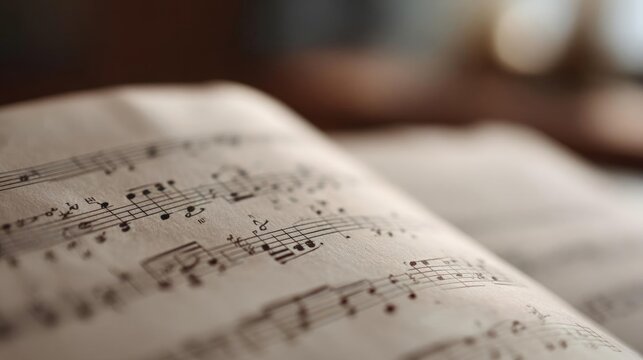 Close-up of an open book with musical notes on it. the book appears to be old and worn, with the pages slightly yellowed and discolored. - Powered by Adobe