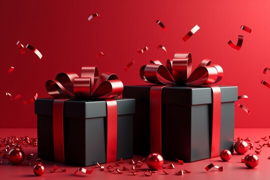 Two black gift boxes with red bows, gold confetti, festive red background. Celebratory holiday scene. - Powered by Adobe