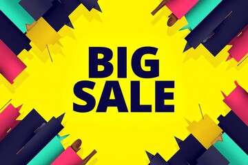 Vibrant "Big Sale" text on bold yellow background, surrounded by colorful geometric shapes and sparkles. Modern, eye-catching promotional design.