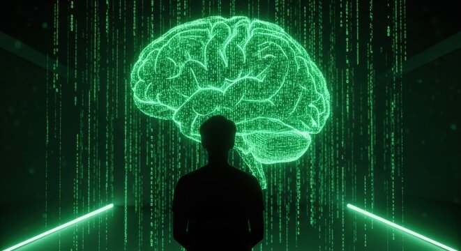 Silhouette of person facing glowing green digital brain and futuristic data stream