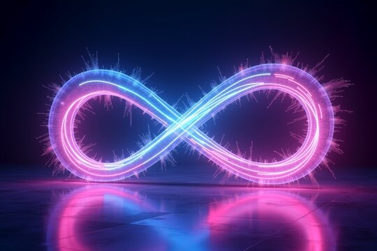 Neon infinity symbol glows above reflective water, vibrant pink and blue hues swirl in cosmic digital night.