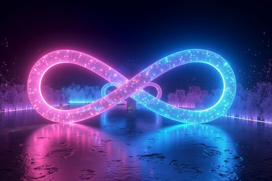 Neon infinity symbol glows pink and blue over reflective water, stars twinkling in dark night sky. - Powered by Adobe