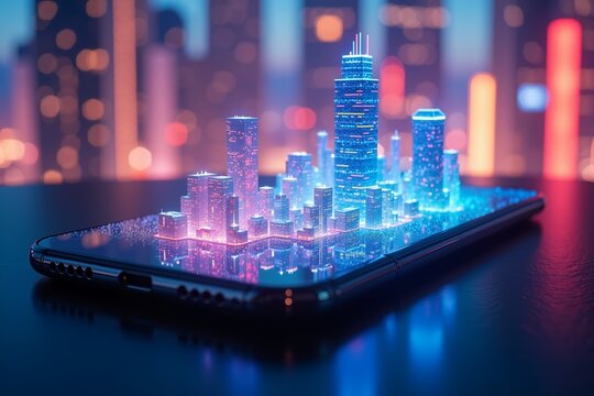 Neon cityscape floats on smartphone screen, glowing blue and pink against blurred urban backdrop. Futuristic digital metropolis displayed in holographic style.