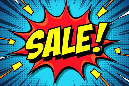 Vibrant comic-style "SALE!" burst graphic. Bold yellow text on fiery orange background, dynamic lightning bolts against blue dotted backdrop.