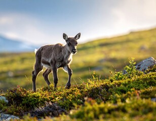 A young reindeer calf walks on a hillside, illuminated by warm sunlight