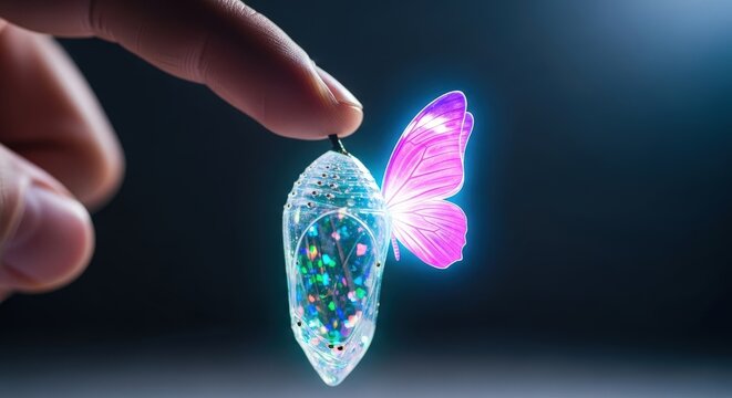 Finger touching glowing butterfly emerging from crystal cocoon magical transformation concept
