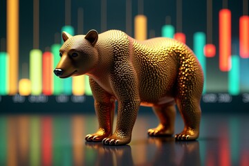 Golden bear stands on reflective floor, backdrop of glowing financial charts symbolizing market downturn or investment caution.