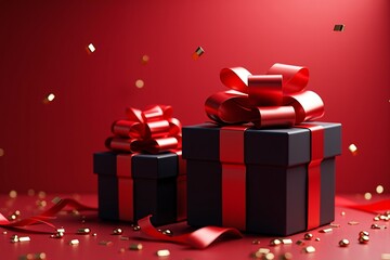 Two black gift boxes with red bows, gold confetti, festive red background. Celebratory holiday scene.